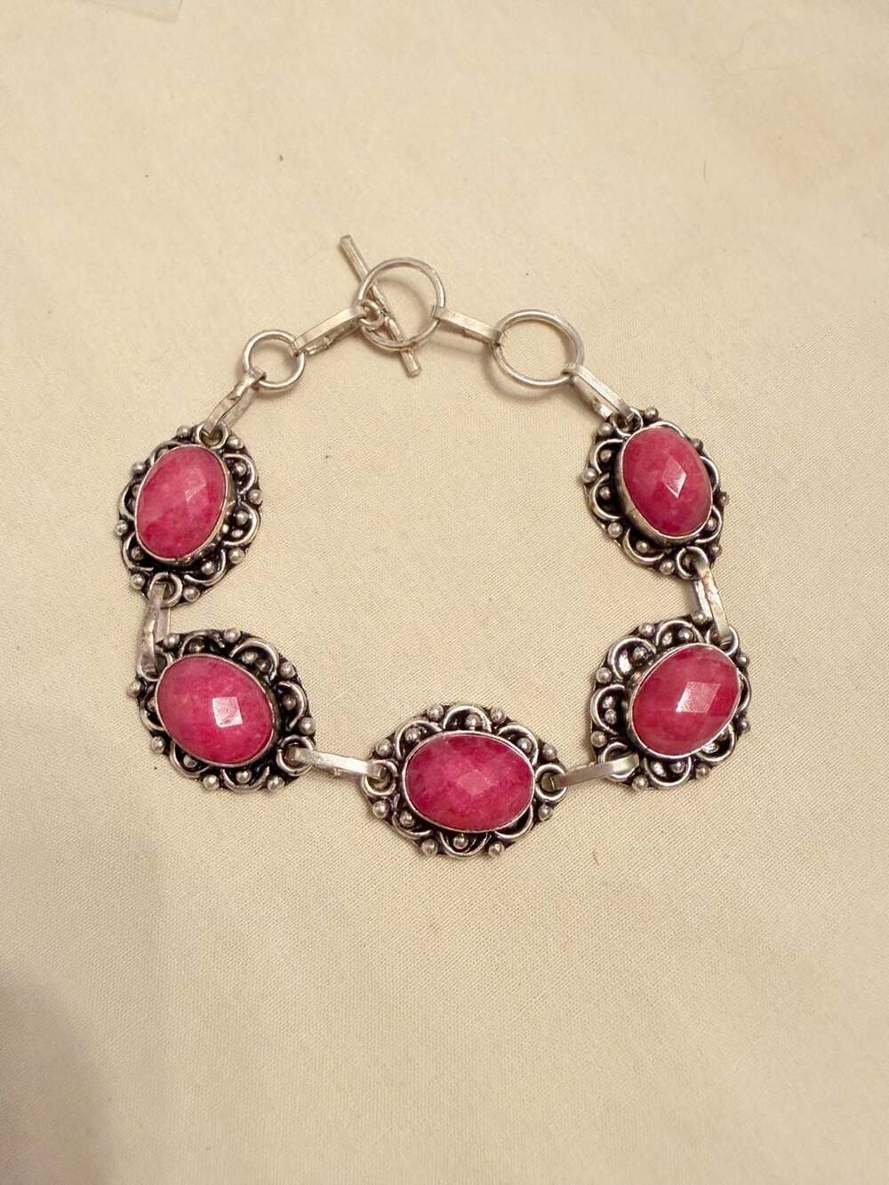 Sterling Silver 925 Pink Stone Faceted Toggle Link Bracelet